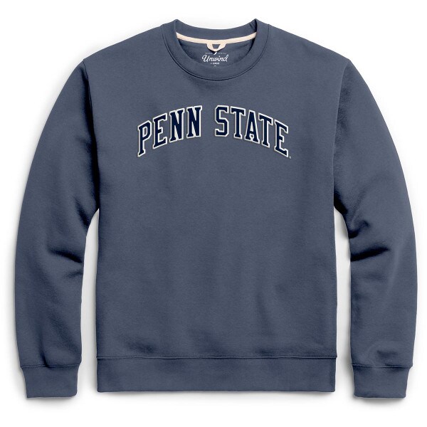 denim blue long sleeve crew sweatshirt with arched Penn State